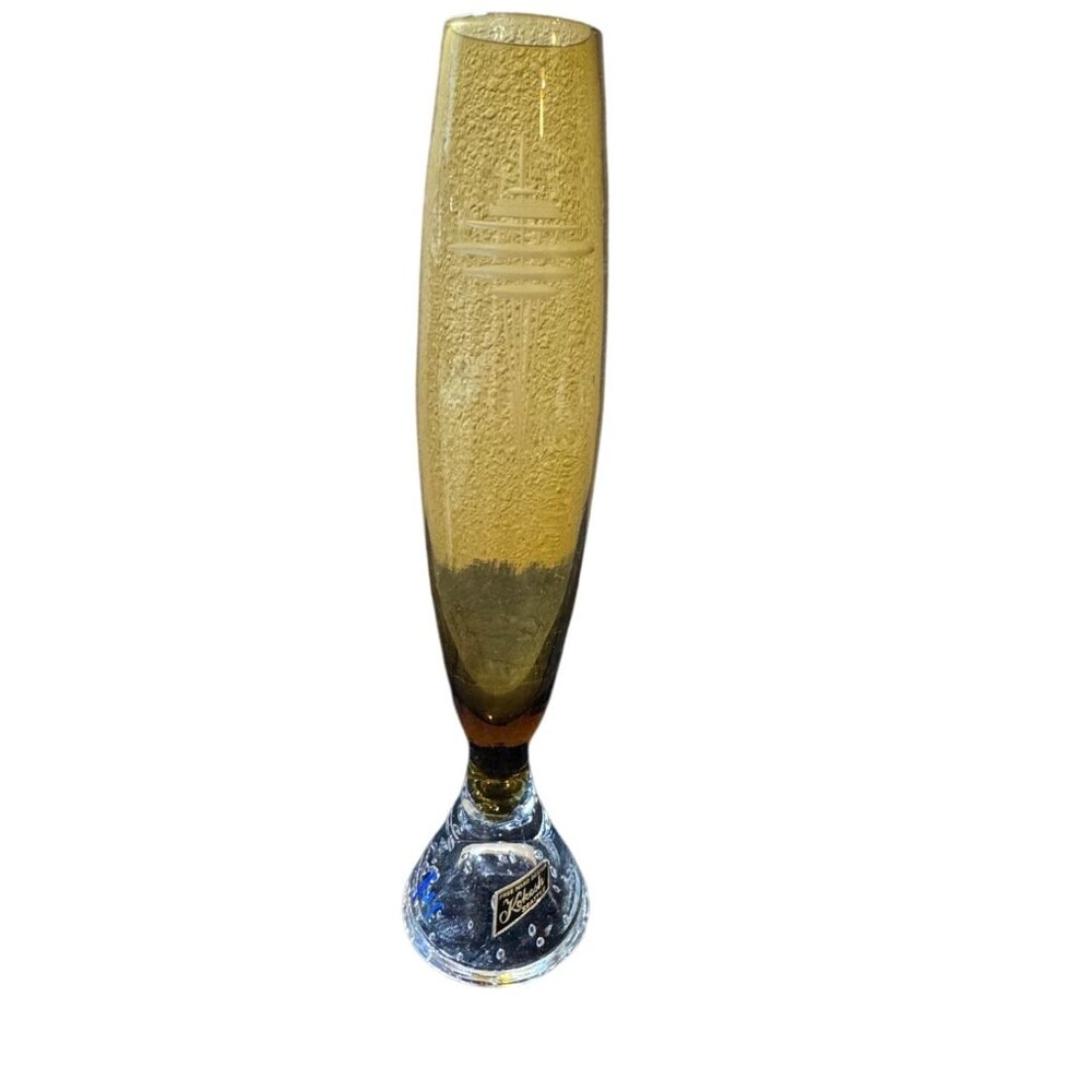 Vintage Kokesh Amber Handcrafted Glass Vase With Etched Space Needle